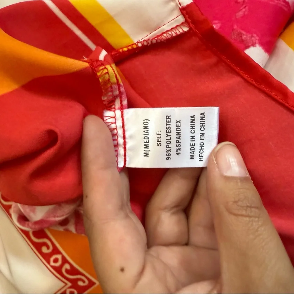 Fashion Nova Red & Cream Printed Silky Button Down Blouse Medium - Picture 9 of 9